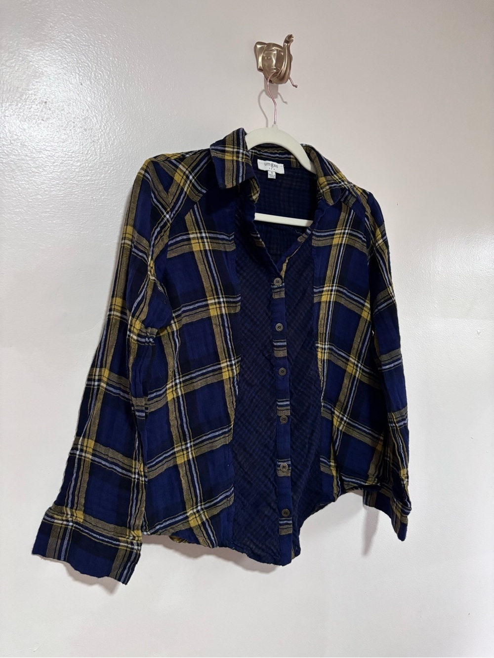 Umgee Navy & Yellow Plaid Button-Down Shirt 100% Cotton